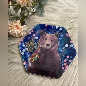 Bear & Floral Painting Art hexagon trinket Dish   5” X 6”